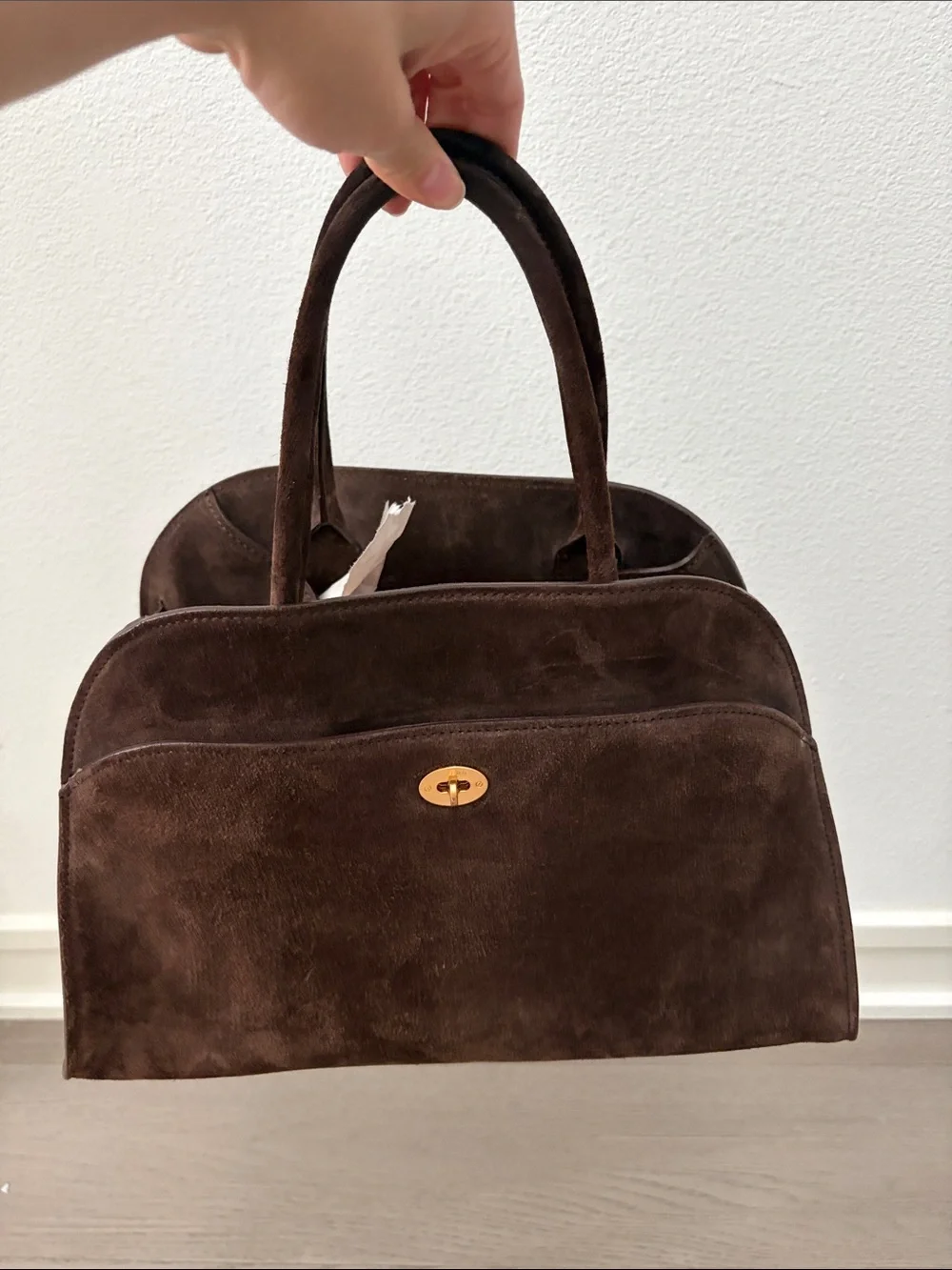 Elborn Structured Suede Satchel in Dark Brown with Gold-Tone Turn Lock